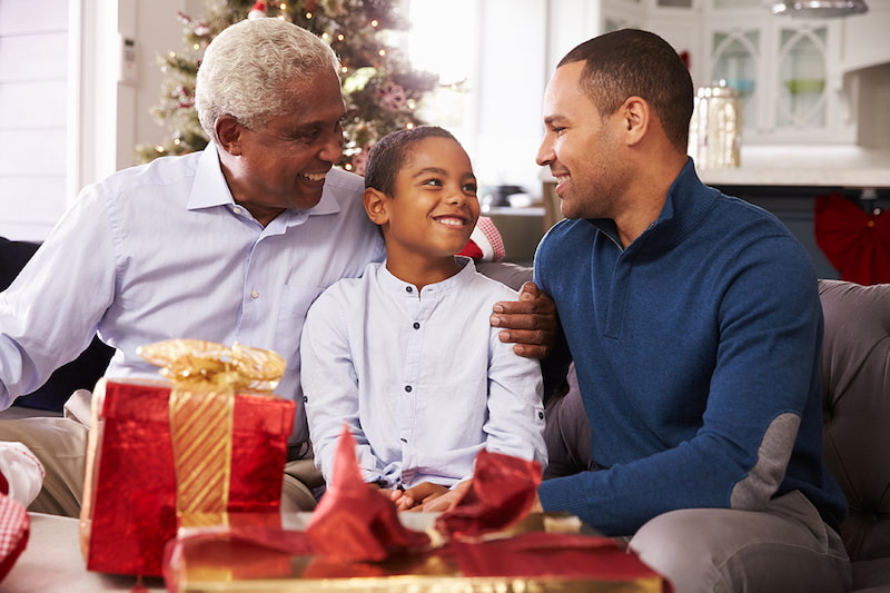 Family sitting on a couch exchanging holiday gifts